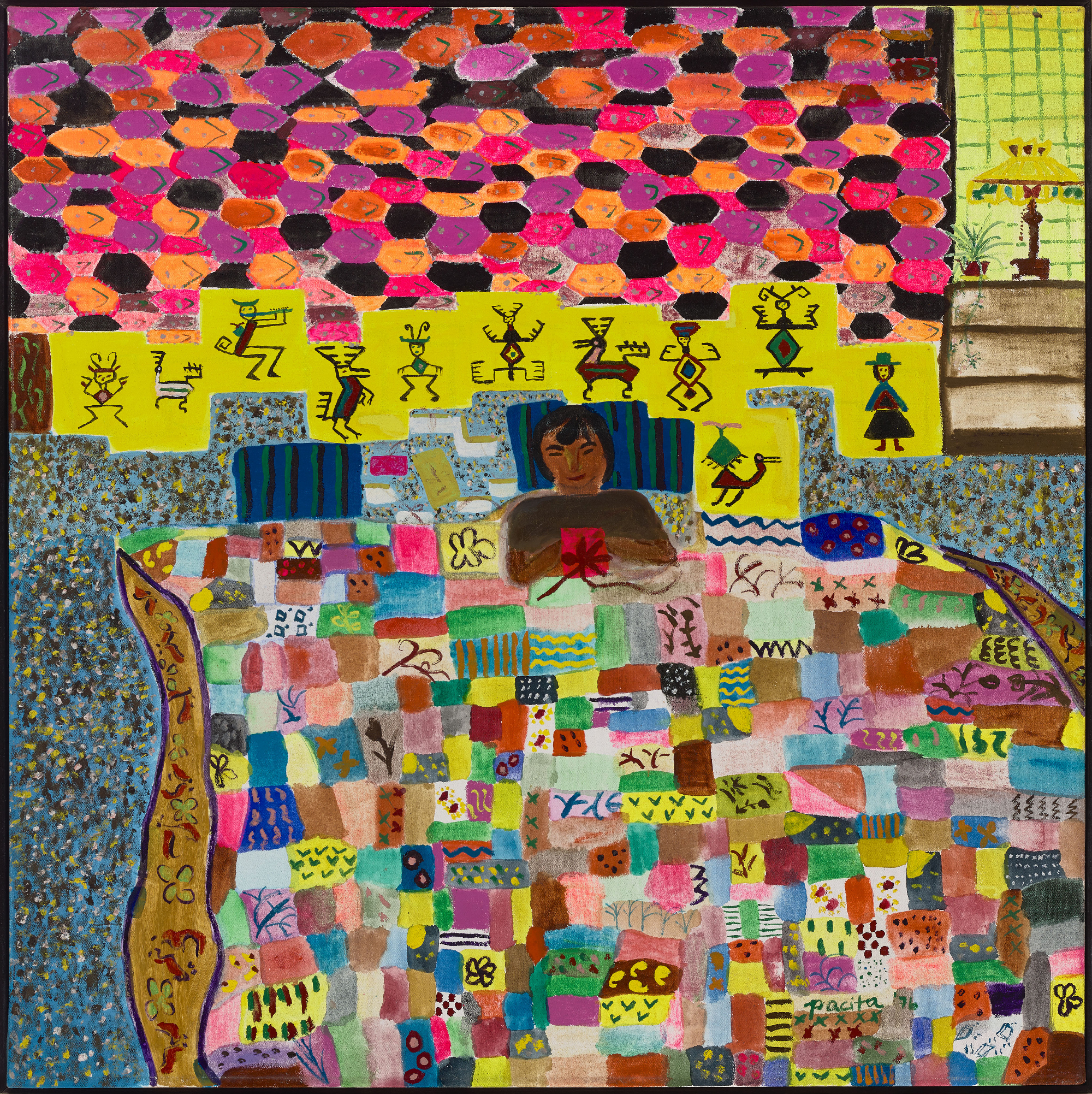 colorful painting of person in bed covered in patchwork quilt