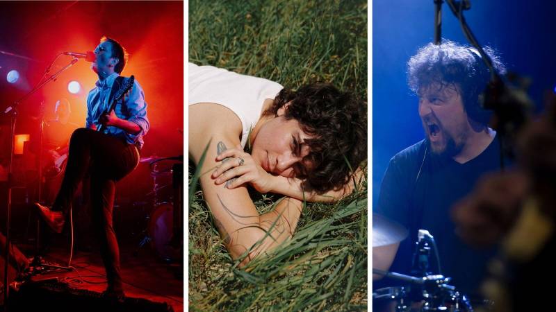 composite of three people performing music or posing