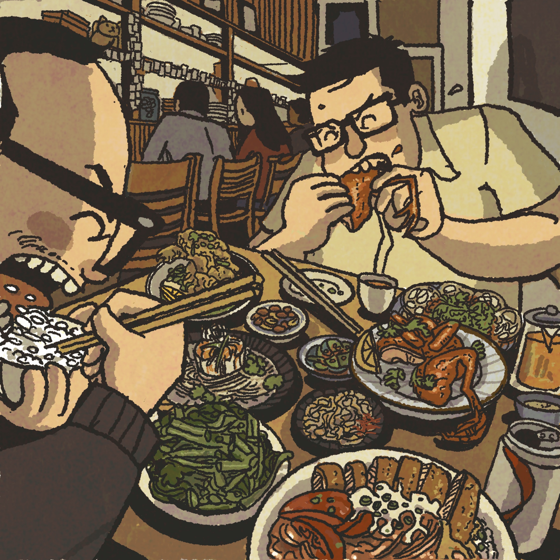 Illustration: Two men devouring a table full of Cantonese dishes, including roast squab, fried soft-shell crabs, and a pork chop rice bowl.