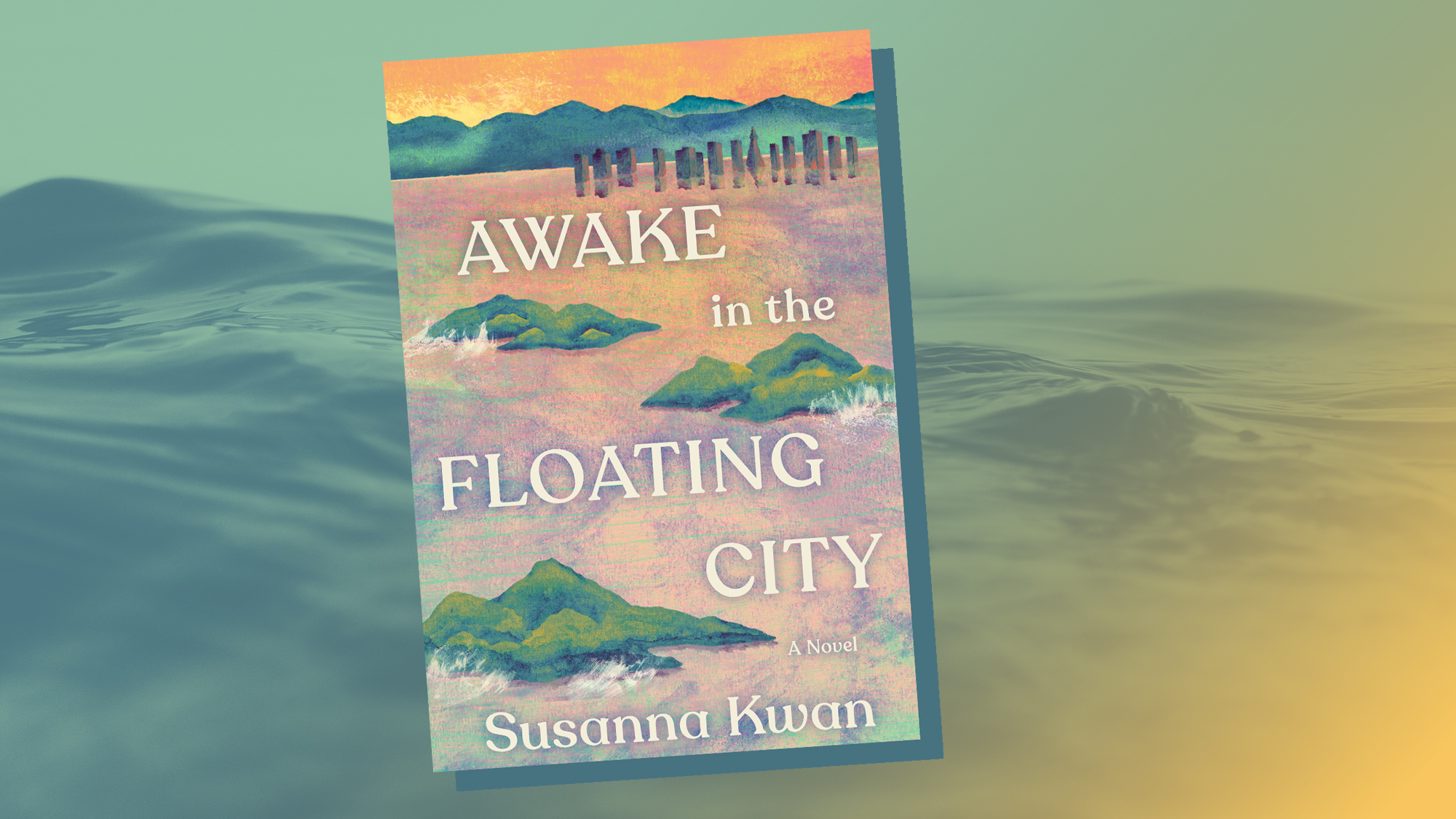 book cover collaged over image of waves in blue and green