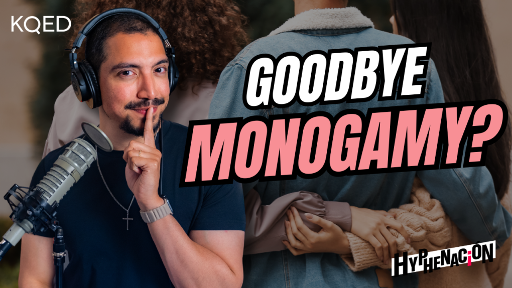 Xorje Olivares smirks behind a microphone with a finger raised to his face with the words "Goodbye Monogamy?" beside him