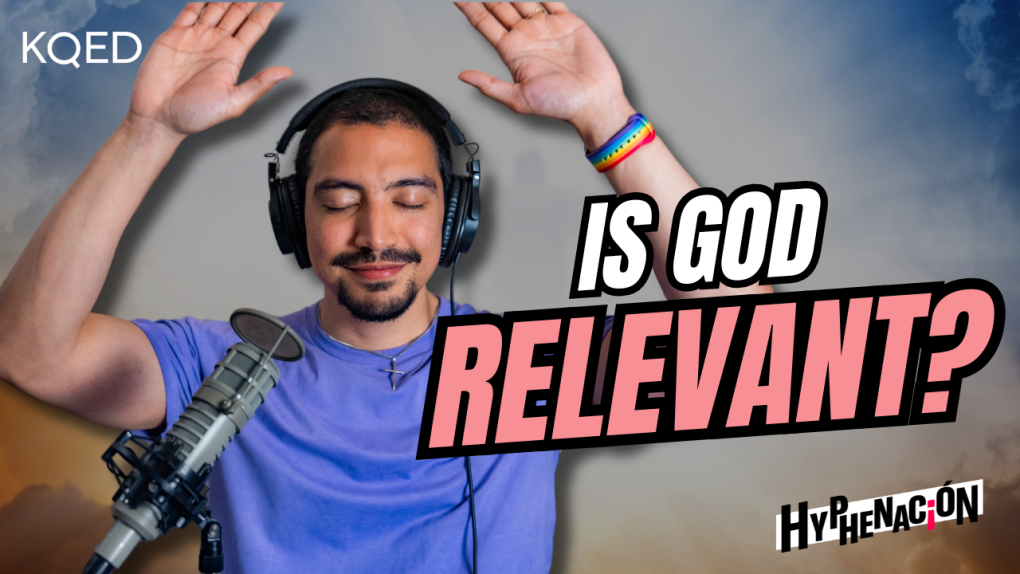 Host Xorje Olivares stands behind a microphone with his hands raised and eyes closed with the words "Is God Relevant?" across image