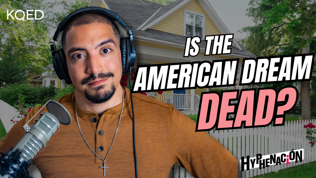 Man in orange shirt stands behind a microphone with headphones on. Text reads "Is The American Dream Dead?"