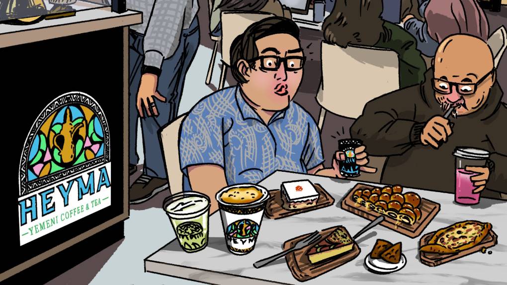 Illustration: two men sit in front of a table loaded with cakes, pastries and coffee.