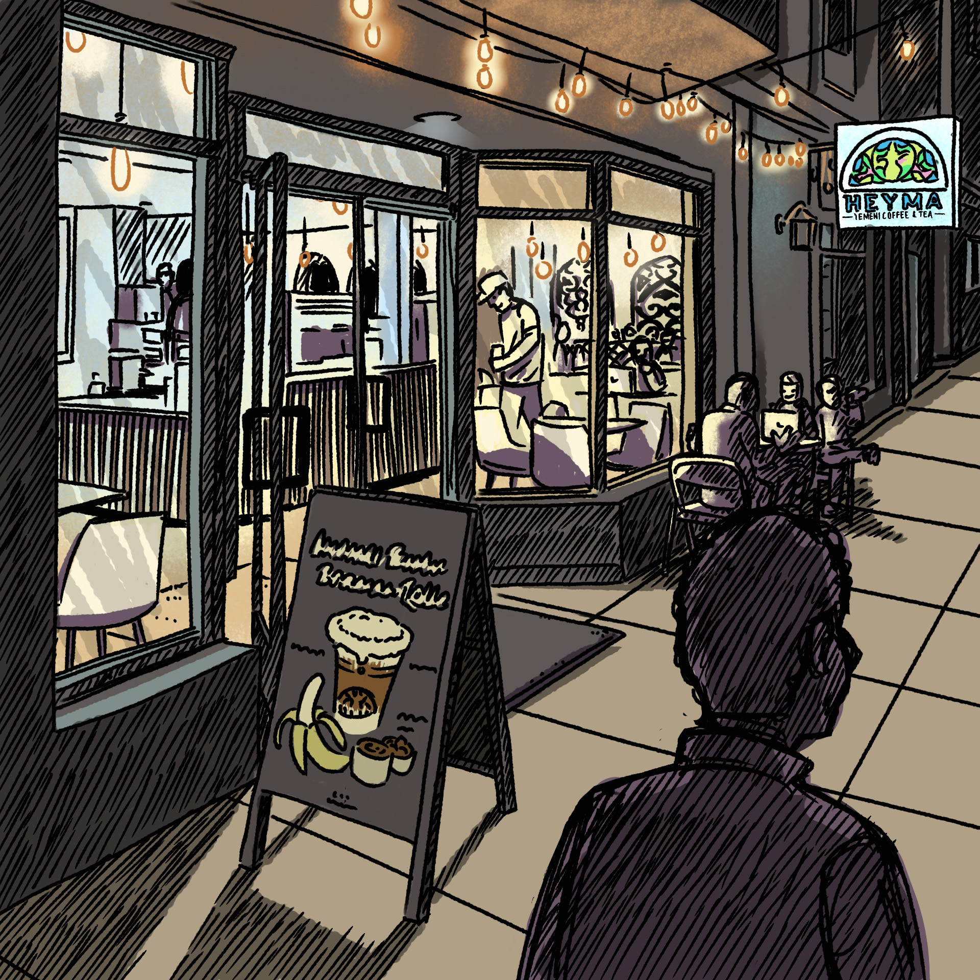 Illustration: The exterior of a busy coffee shop lit up at night. The sign says, "Heyma Coffee & Tea"