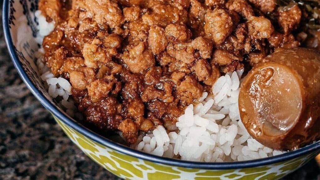 Close up of a bowl of Taiwanese braised pork rice.