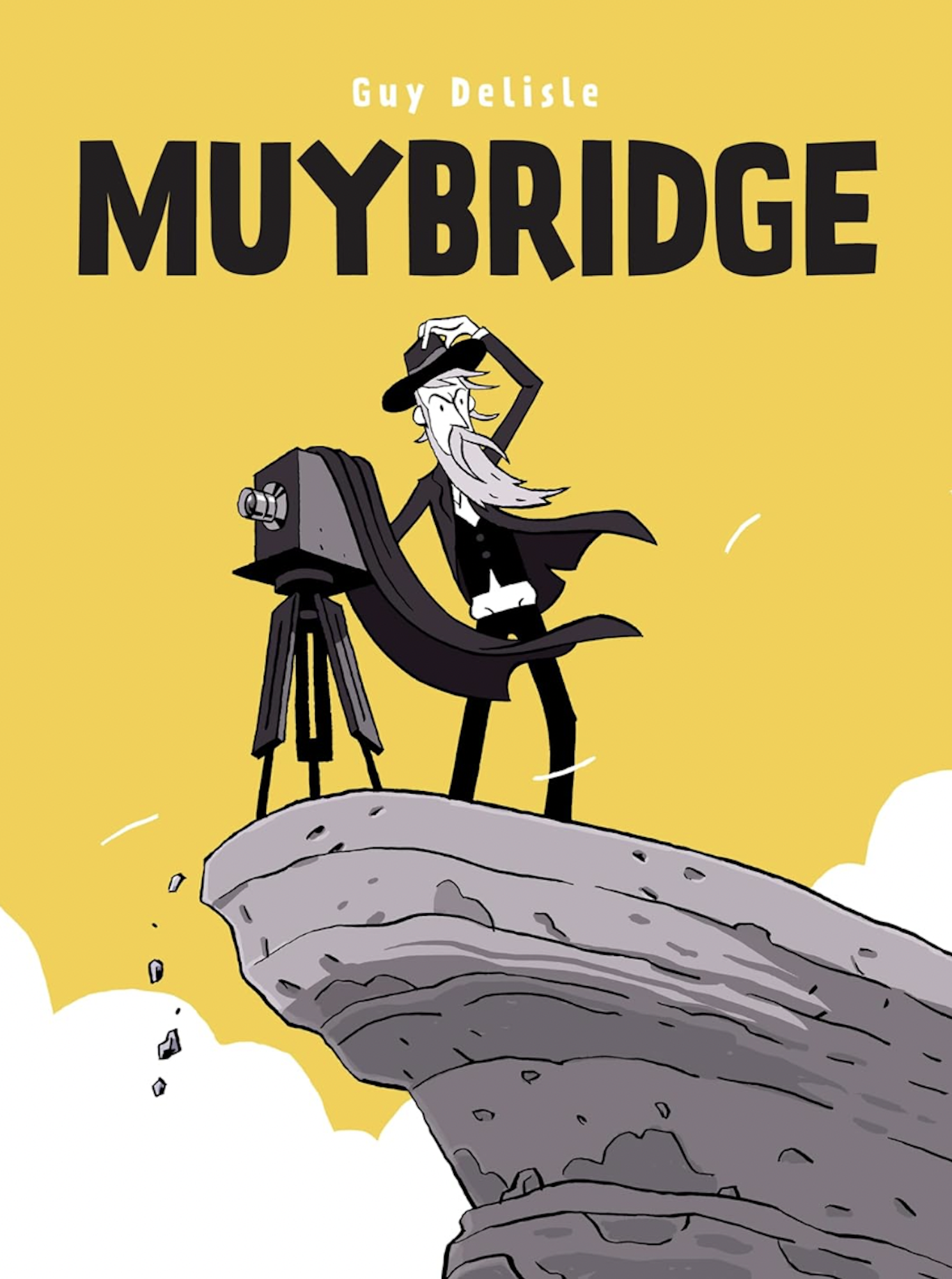 A graphic novel cover depicting a thin man with long, white beard standing on the edge of a cliff with a camera, holding onto his hat in the breeze.