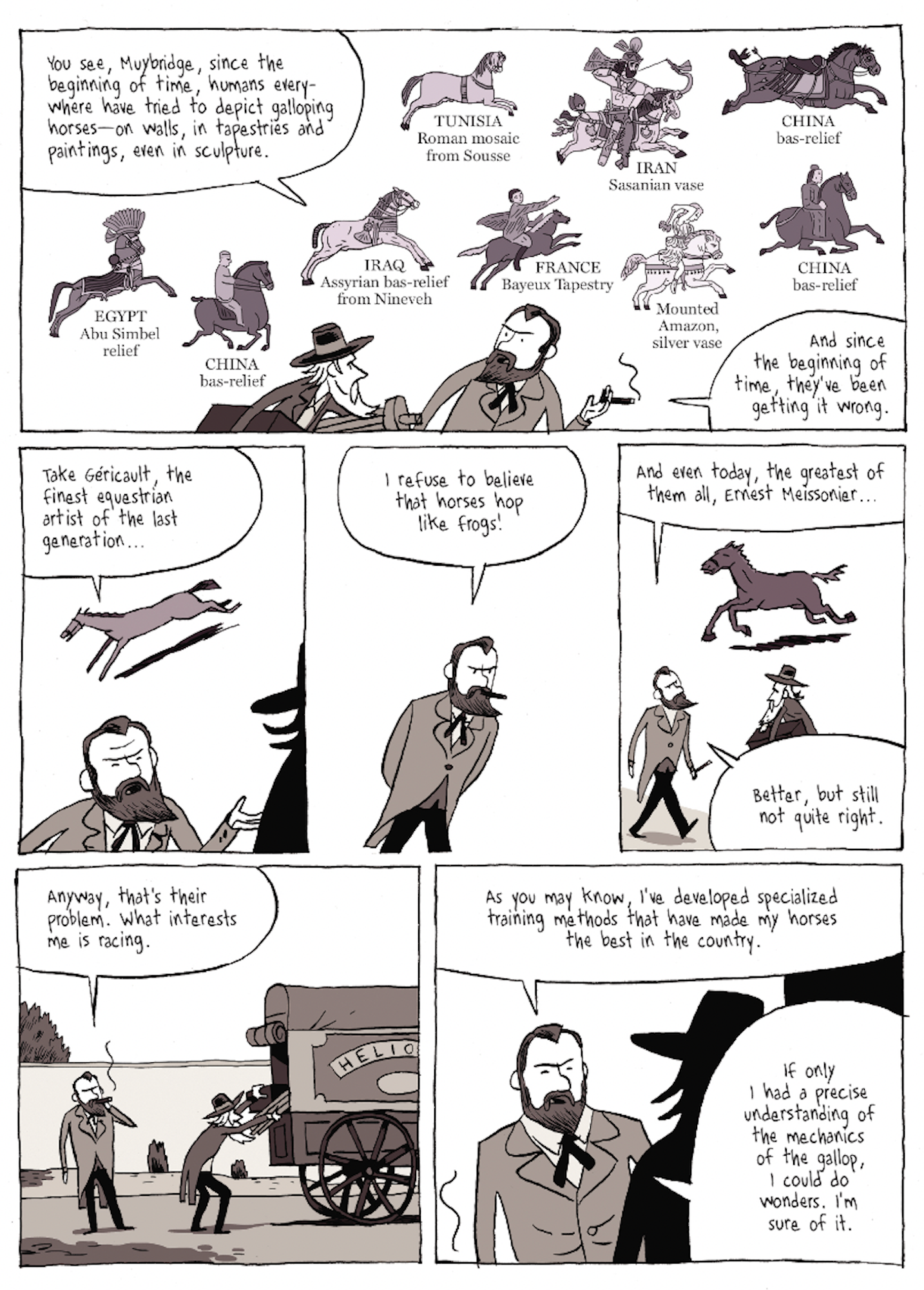 A graphic novel page of panels depicting a conversation between two men about photographing horses.