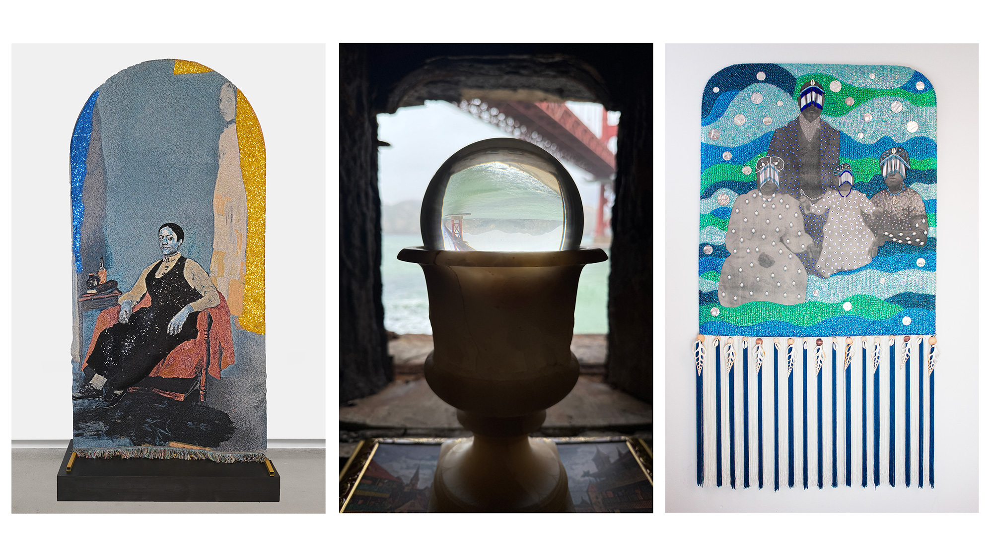 A triptych of a tapestry of a Black woman looking at the camera; a goblet with a reflective orb, reflecting the Golden Gate Bridge in the background; a blue tapestry with tassels.