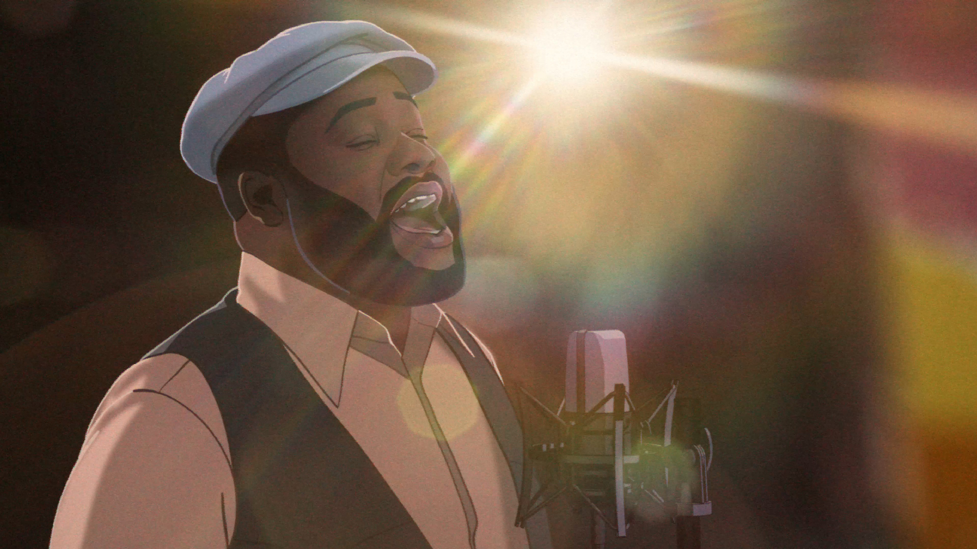 animation of Black man singing with lens flare behind
