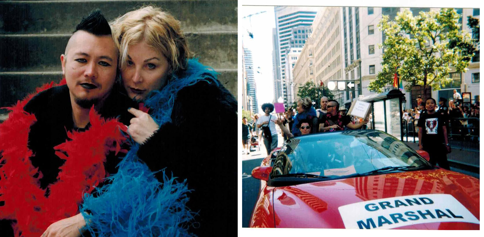 two people pose in red and blue feather boas; people ride a red convertible in a parade