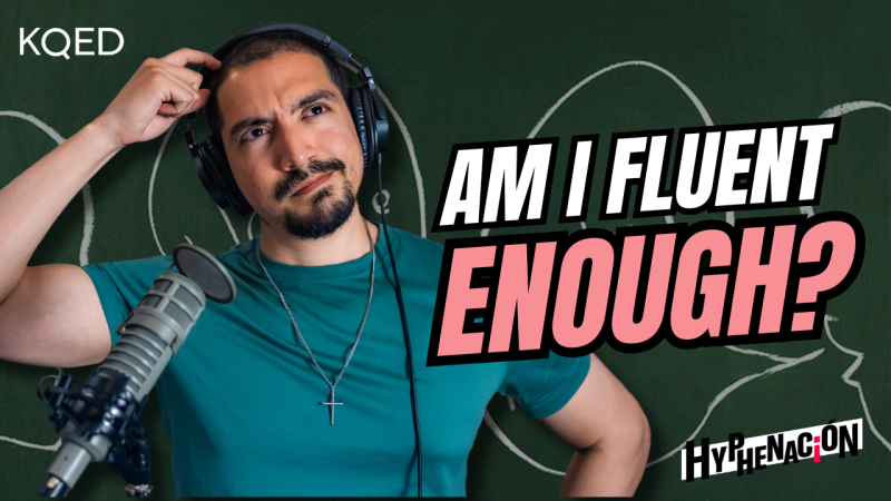 Person standing behind a microphone and wearing headphones scratches their head with text "Am I Fluent Enough?"