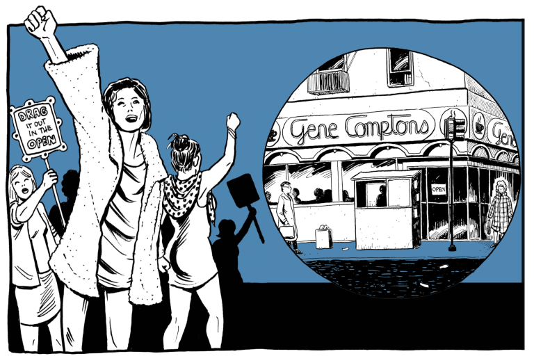 An illustration of transgender women protesting outside of Compton's Cafeteria in the Tenderloin in 1966.
