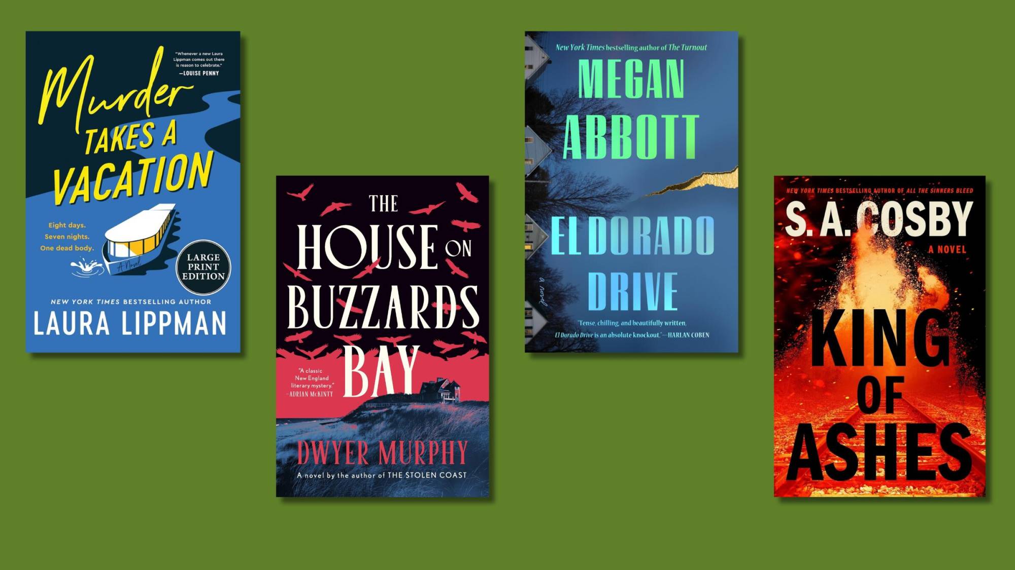 Four book covers laid out over a green background.