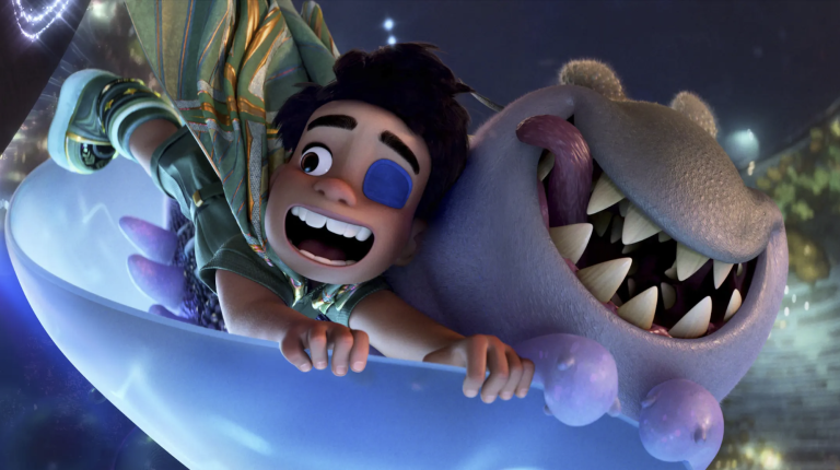 An animation of a young grinning boy and a toothy, eyeless alien flying through the air.