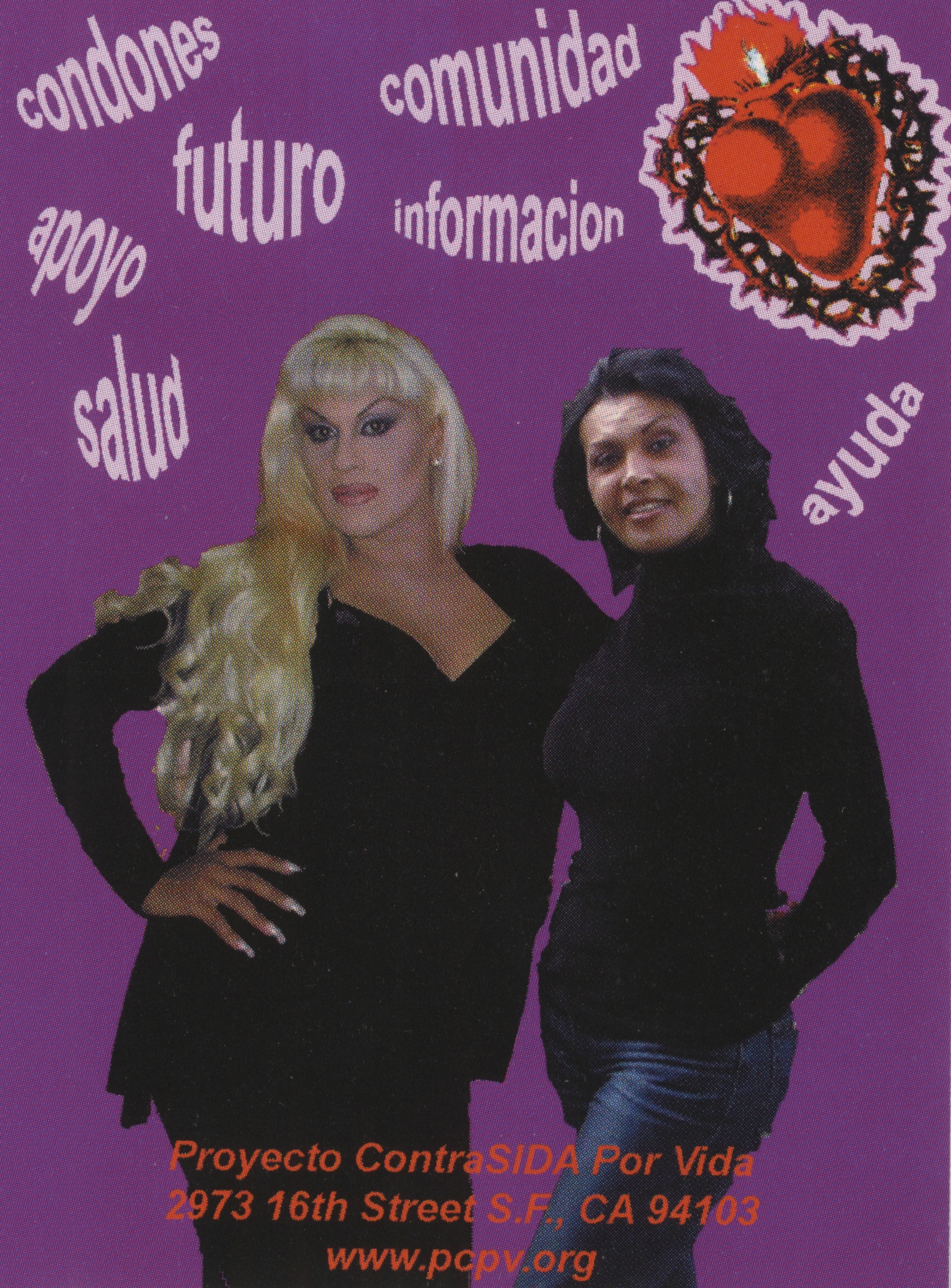 A purple flyer with two trans women that says in Spanish, "ayuda, salúd, apoyo, información," which trans lates to "help, health, support, information."