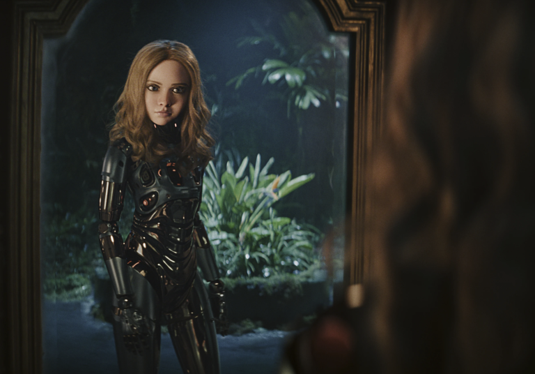 A female AI figure looks at her reflection in the mirror at night. She is wearing a black PVC utility suit.