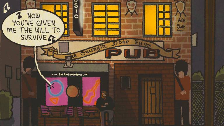 Illustration: The exterior of a British-style pub. The sign reads, "The Swingin' Door." Inside, someone is singing, "Now you've given me the will to survive."