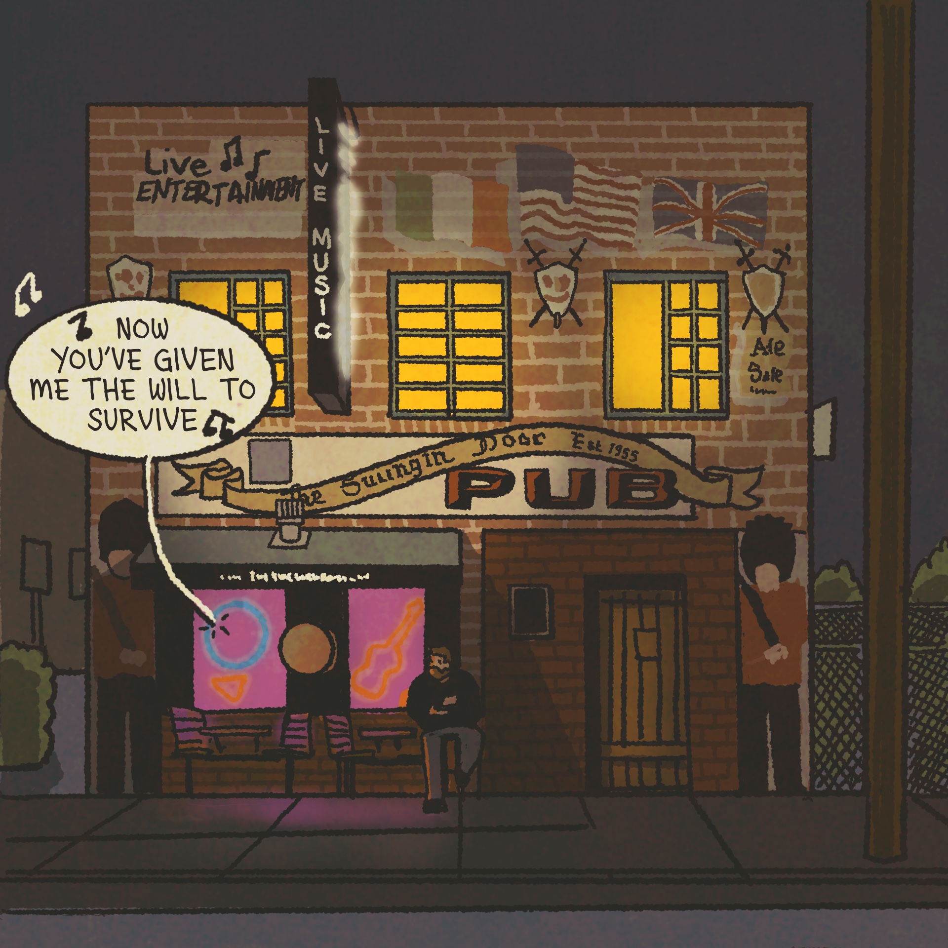 Illustration: The exterior of a British-style pub. The sign reads, "The Swingin' Door." Inside, someone is singing, "Now you've given me the will to survive."
