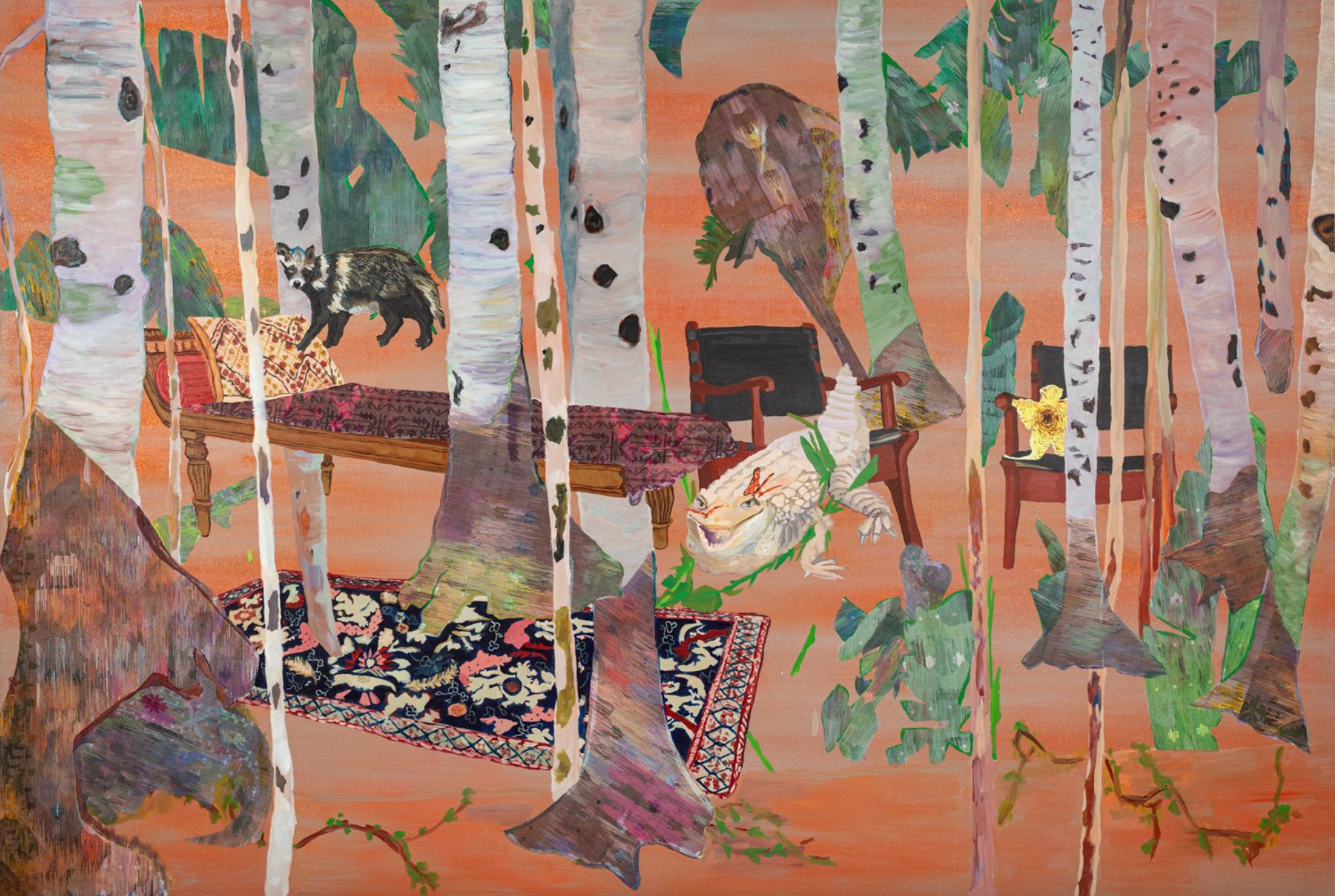 painting with tree trunks, rugs and animals on brown background