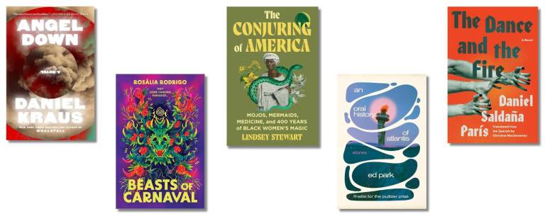 Book covers of: ‘Angel Down,’ ‘Beasts of Carnaval,’ ‘The Conjuring of America,’ ‘An Oral History of Atlantis,’ and ‘The Dance and the Fire.’