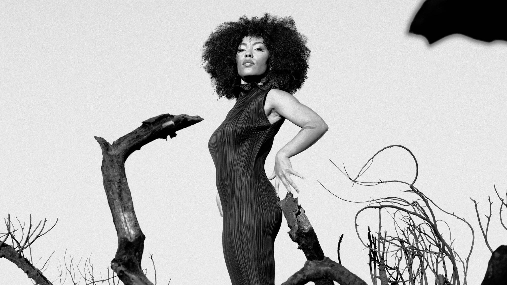 A black-and-white photo of a female singer posing in a desert.