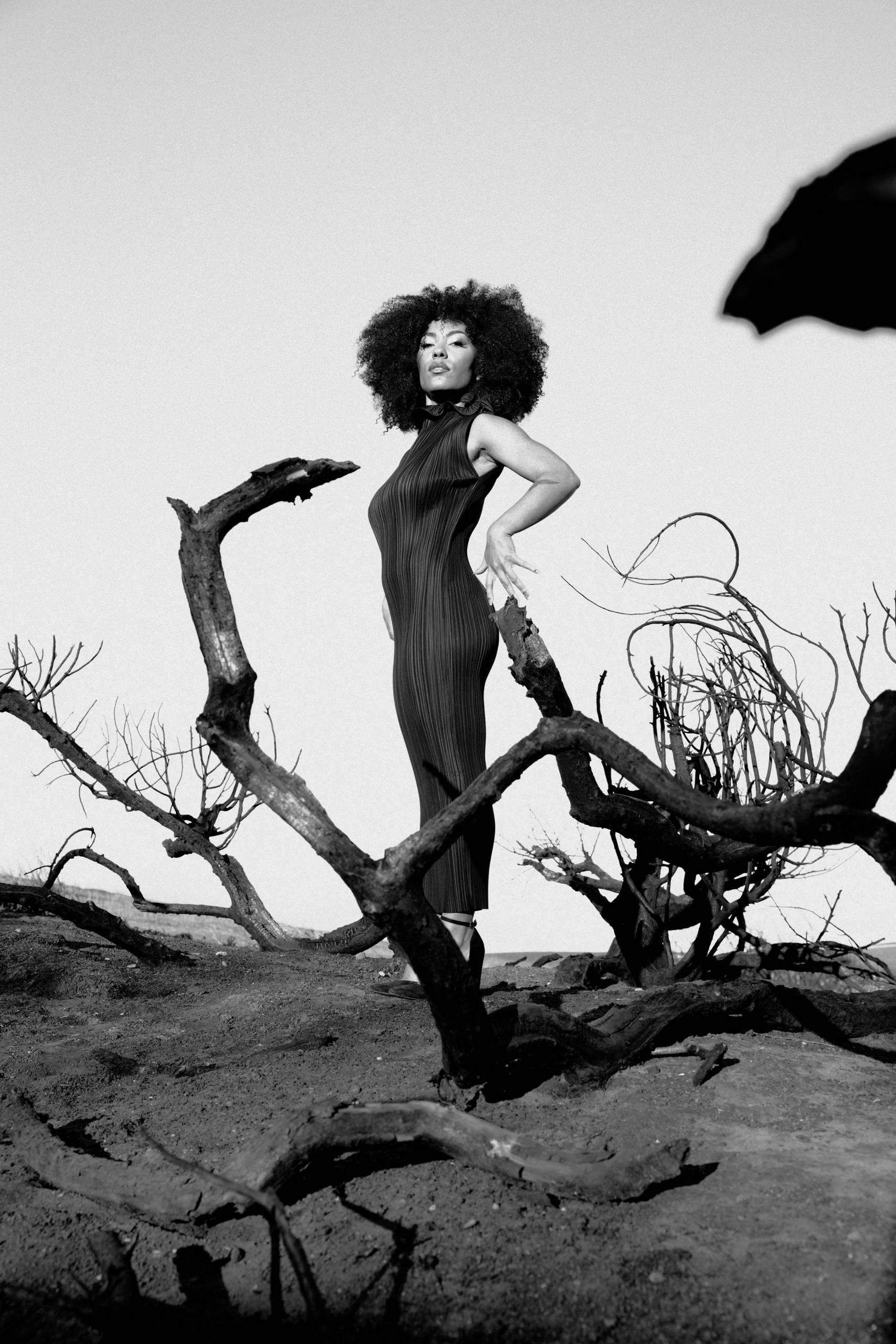 A black-and-white photo of a female singer posing in a desert.