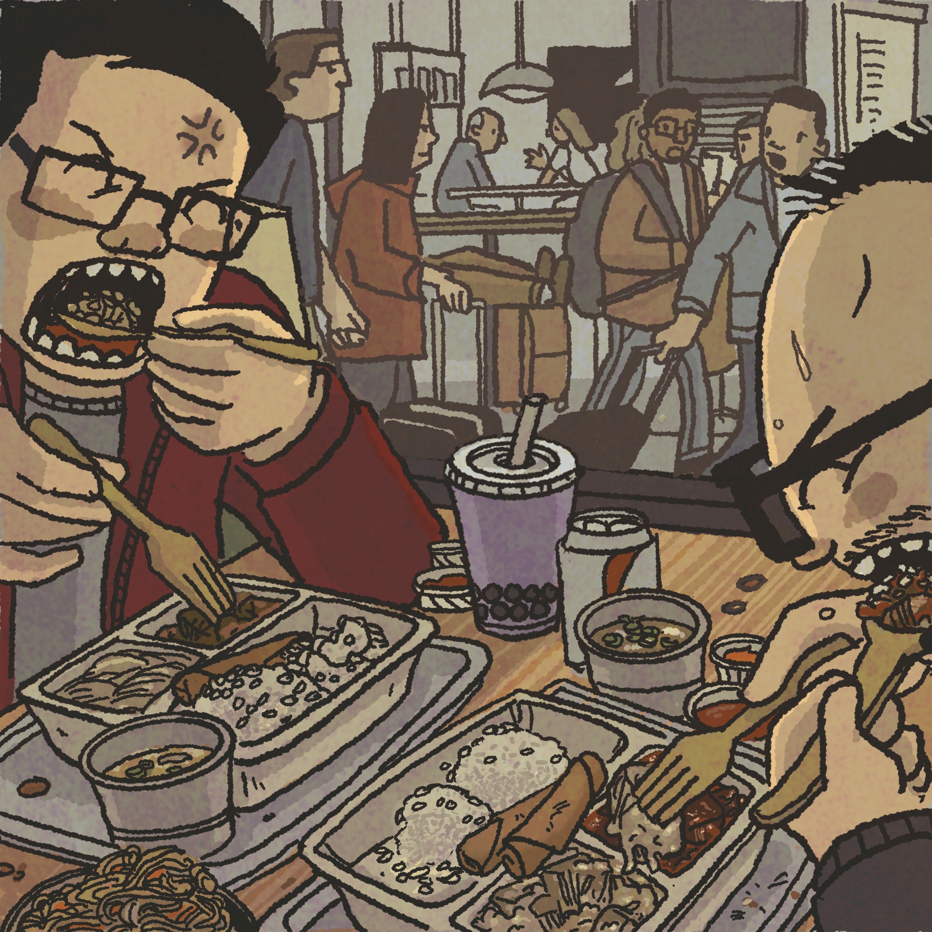 Two men devour trays of Filipino food out of cafeteria-style trays. Behind them, travelers pull carry-on suitcases in the background. 