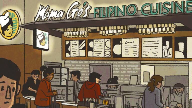A busy food kiosk inside an airport. The sign overhead reads, "Mama Go's Filipino Cuisine."