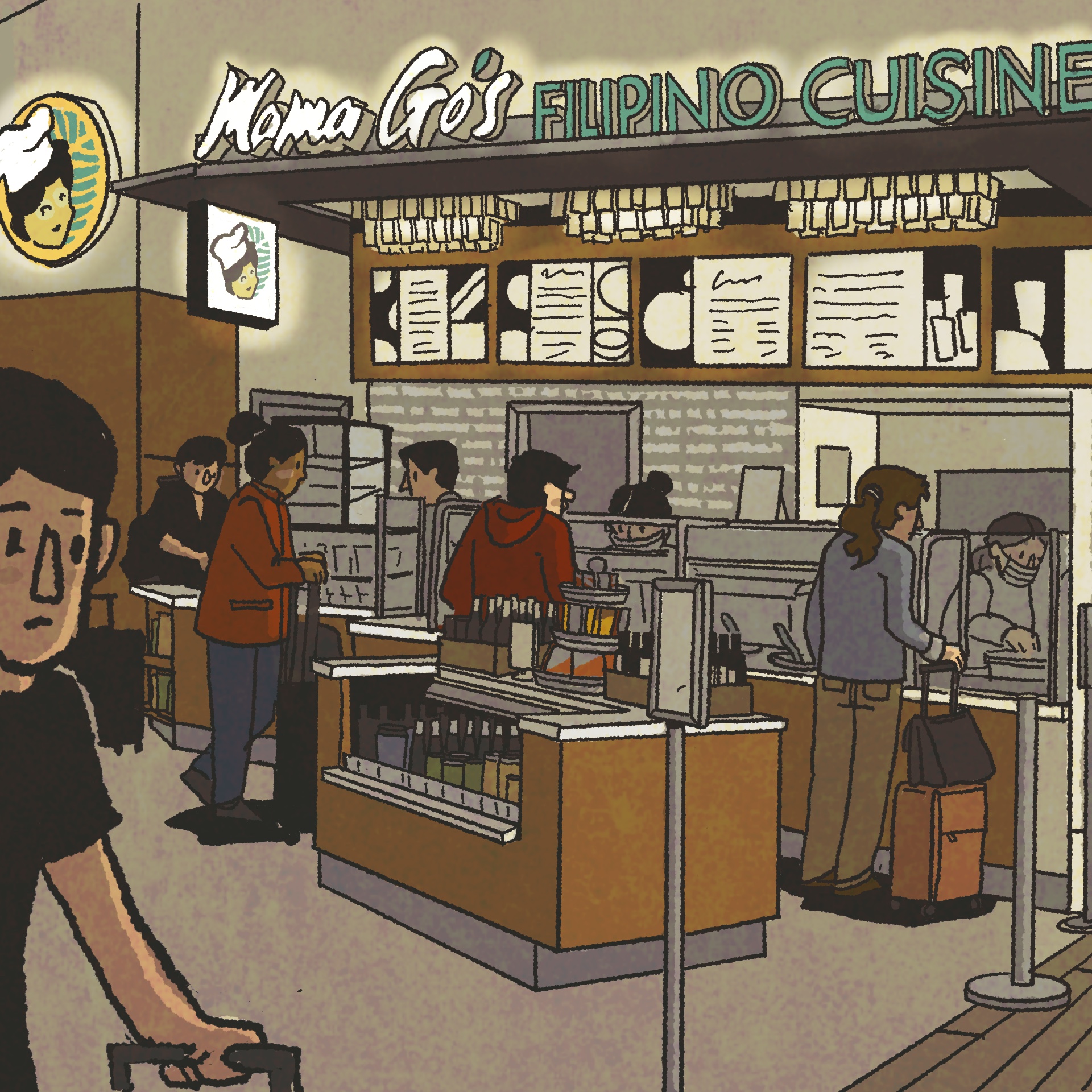 A busy food kiosk inside an airport. The sign overhead reads, "Mama Go's Filipino Cuisine."