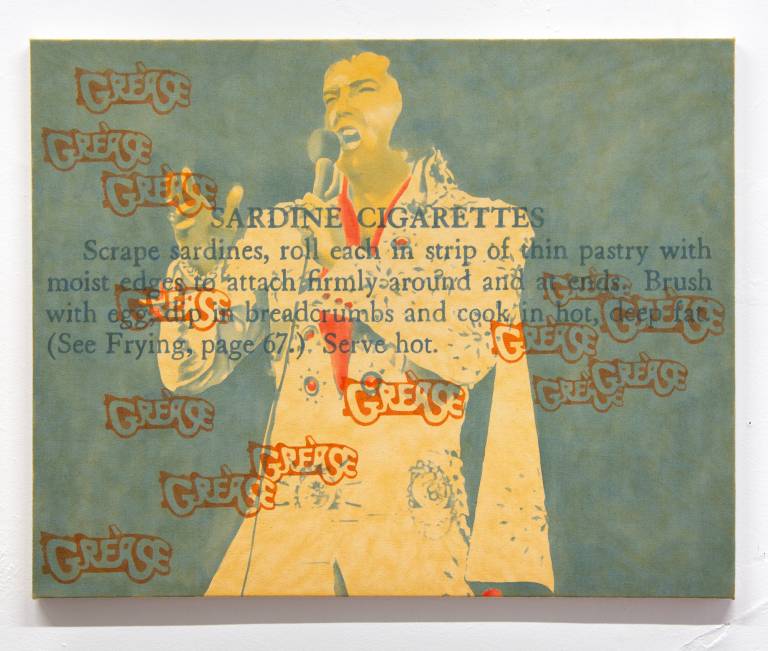 painting with Elvis, sardine recipe and Grease logo overlaid