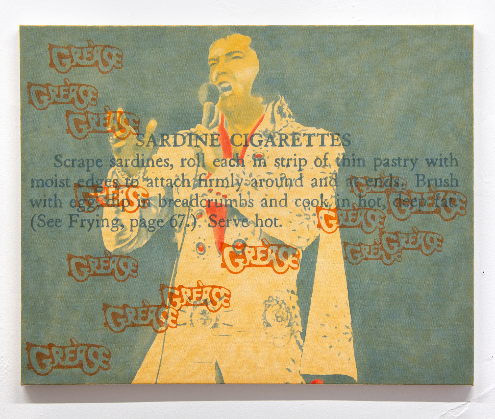 painting with Elvis, sardine recipe and Grease logo overlaid