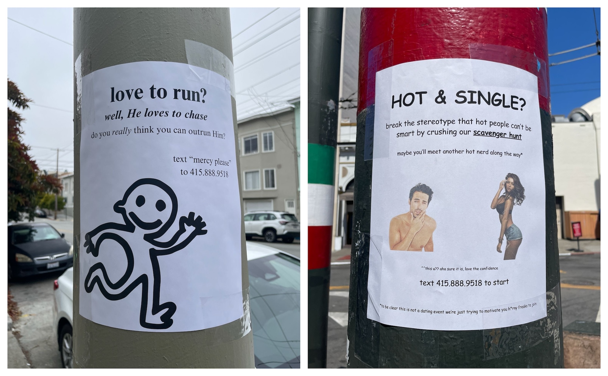 Two separate photos featuring paper flyers taped to street poles.
