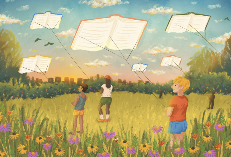 An illustration showing four young people in a field flying books like kites.