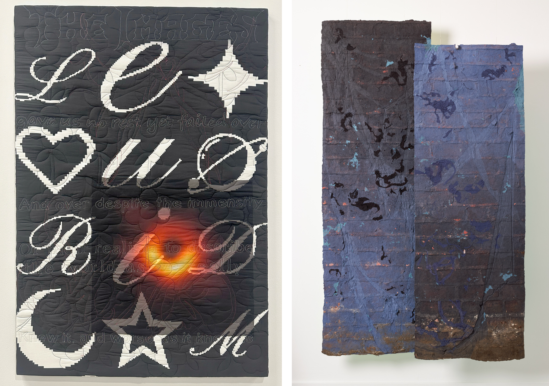 vertical quilted textile with image of black hole; two suspended paper relief works in gradients of blue to black
