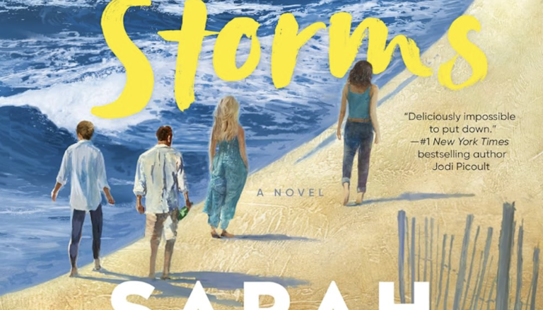 A book cover featuring an illustration of two women and two men walking along a beach, viewed from behind and above.