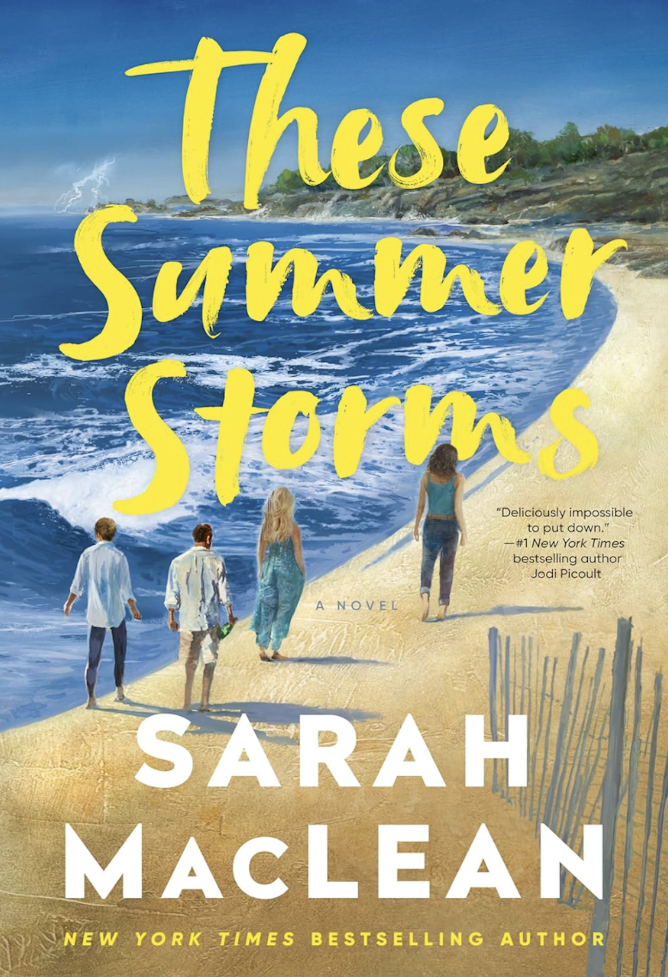 A book cover featuring an illustration of two women and two men walking along a beach, viewed from behind and above.