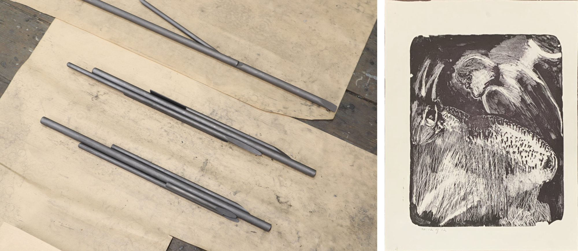 long graphite sticks on canvas; sketchy black and white illustration of man and rabbit