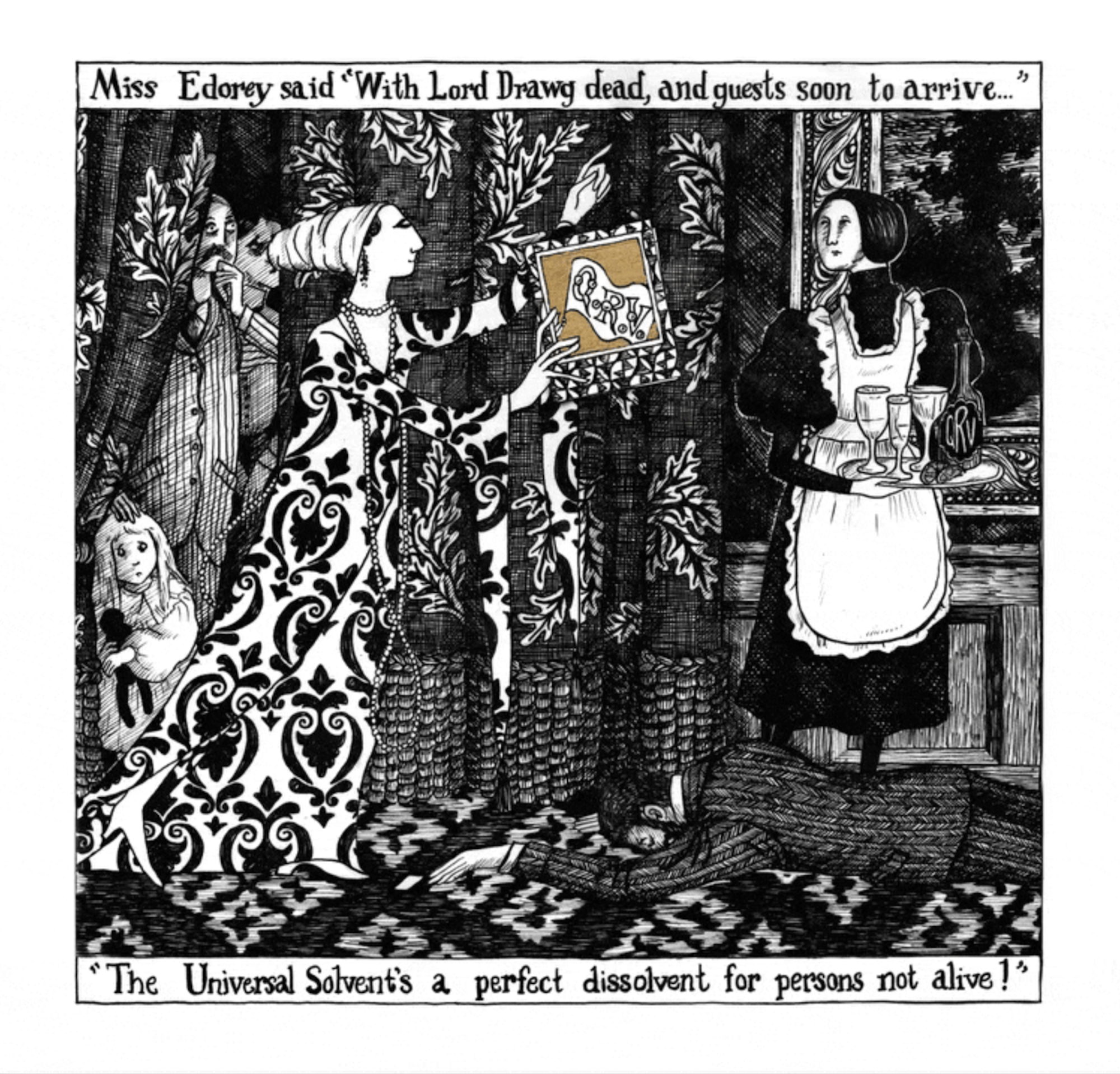A whimsical black pen drawing of a woman holding a book up to a maid in a curtain-lined room. A scared-looking small child hovers behind her.