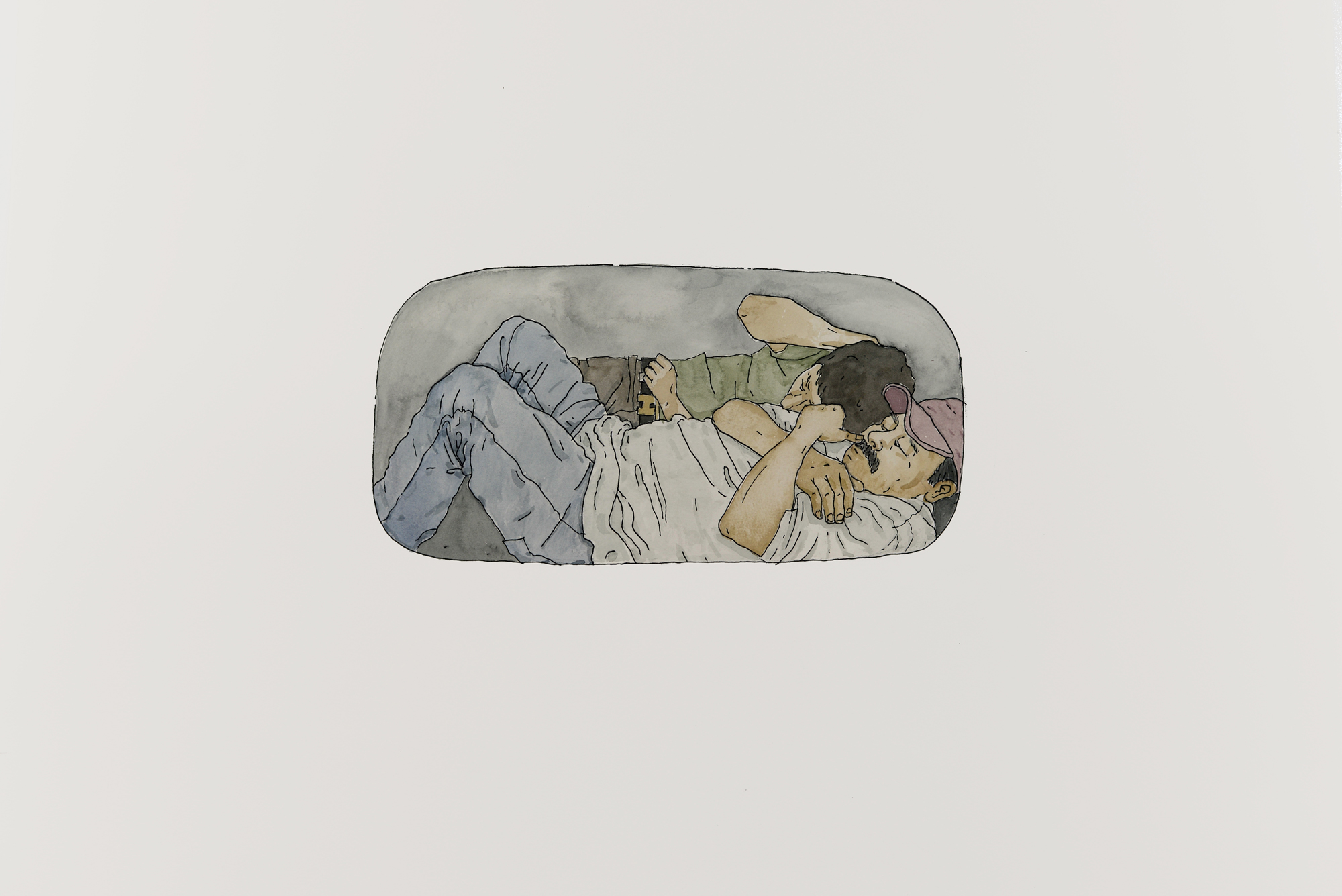 watercolor of two people in small space on large sheet of paper