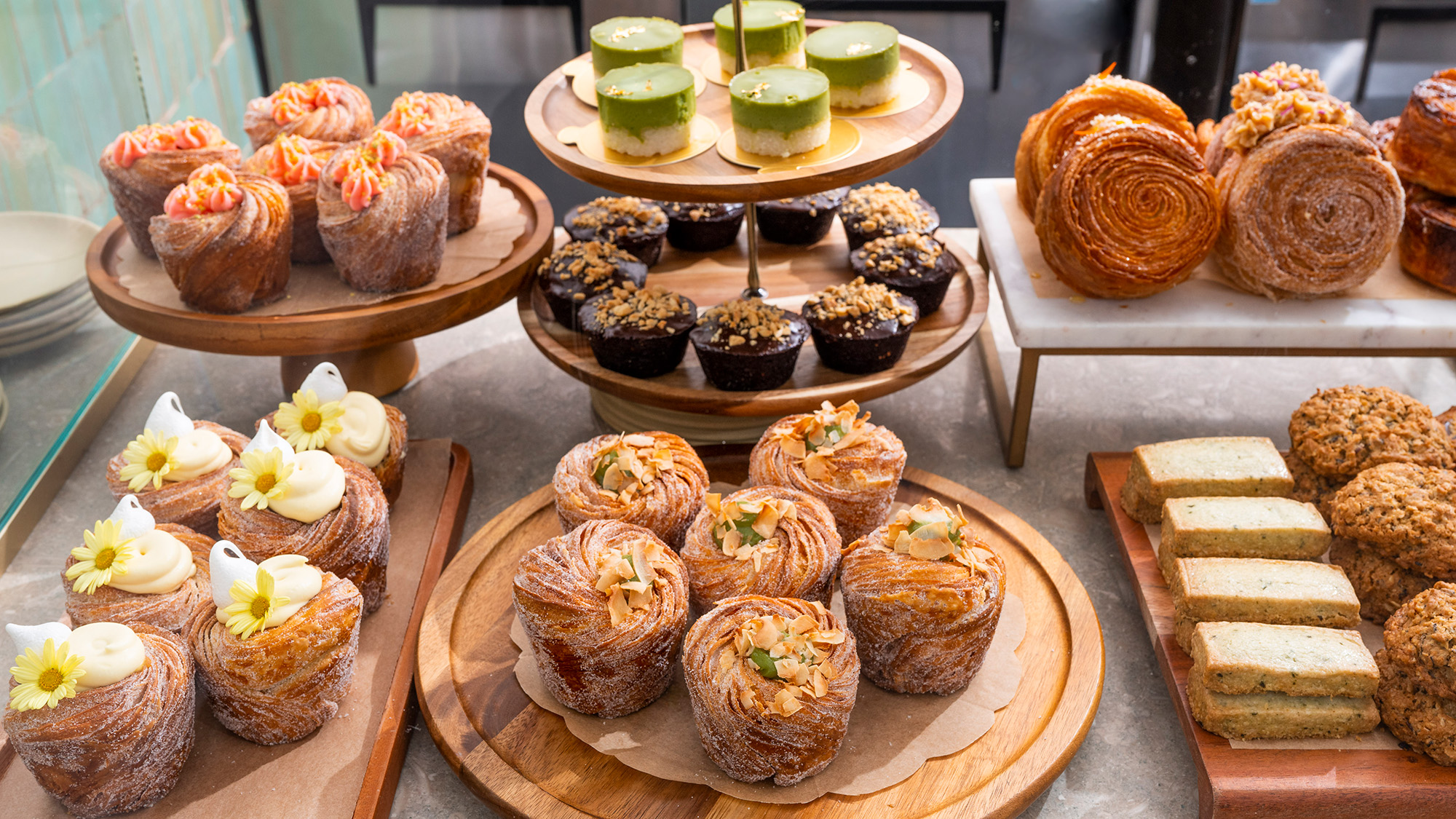 A big spread of pastries at a cafe