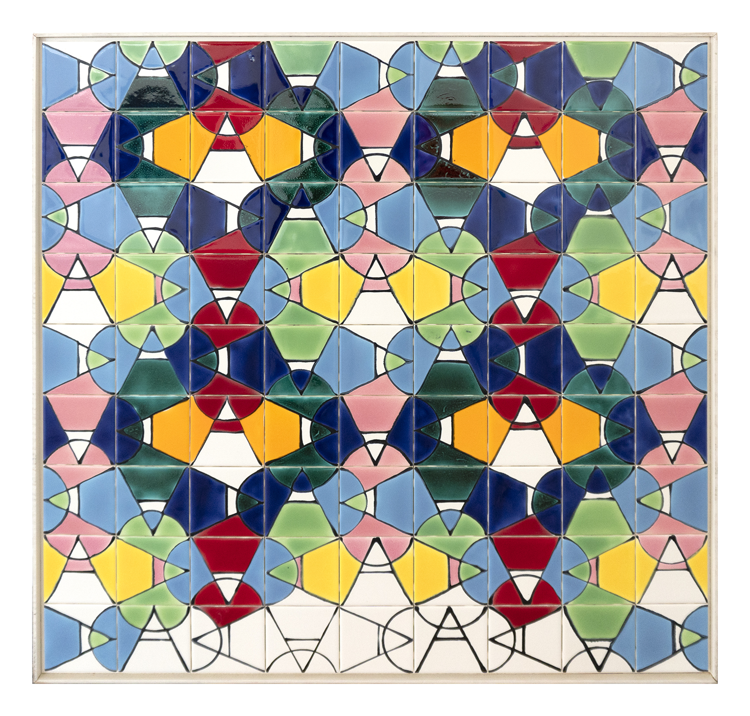 square tiled artwork with geometric patterns glazed in bright colors