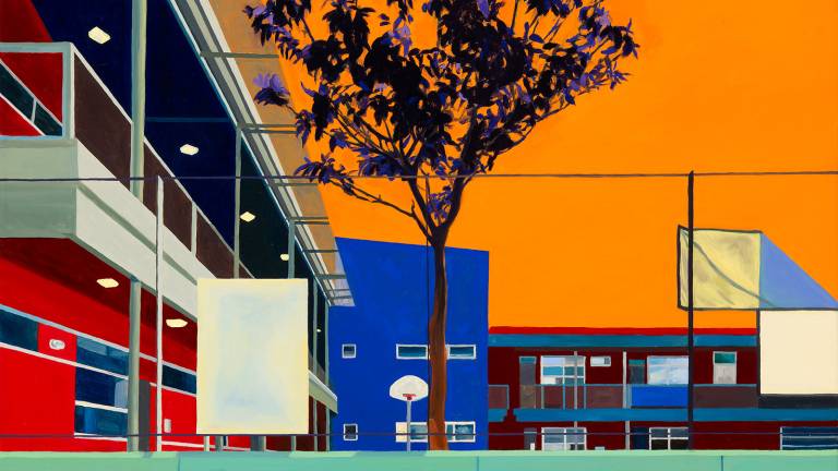In digital artwork, a tree grows near a basketball court and modern-looking apartments.
