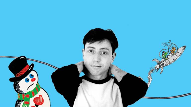 A young man in a baseball-style t-shirt looks into the camera, arms behind his neck, against a background of baby blue and surrounded by illustrations of a plastic snowman and a rocket ship.