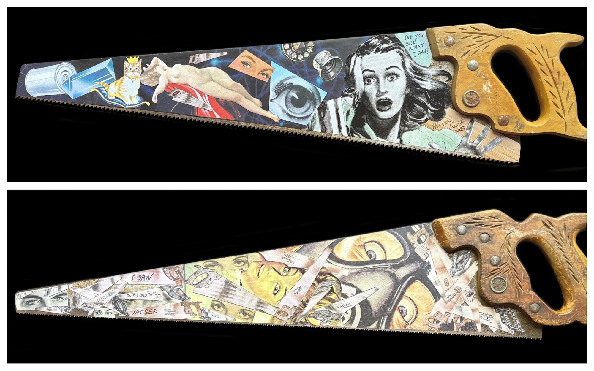 Two images of hand saws decorated with collaged images of humans in crisis.