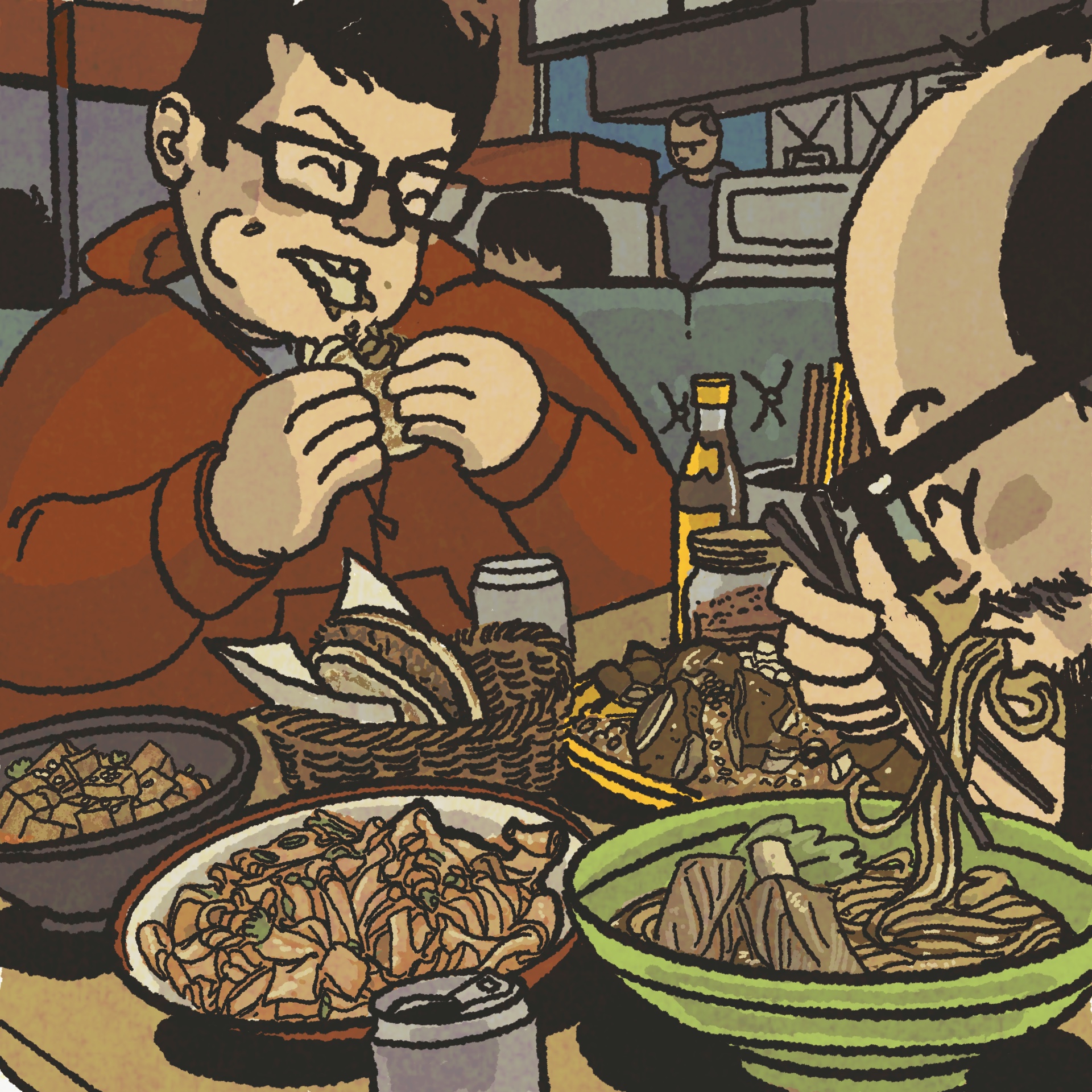 Illustration: Two men devour