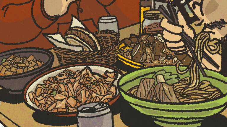 A spread of Chinese food, including meat-stuffed flatbreads, a noodle soup, and slabs of grilled ribs.