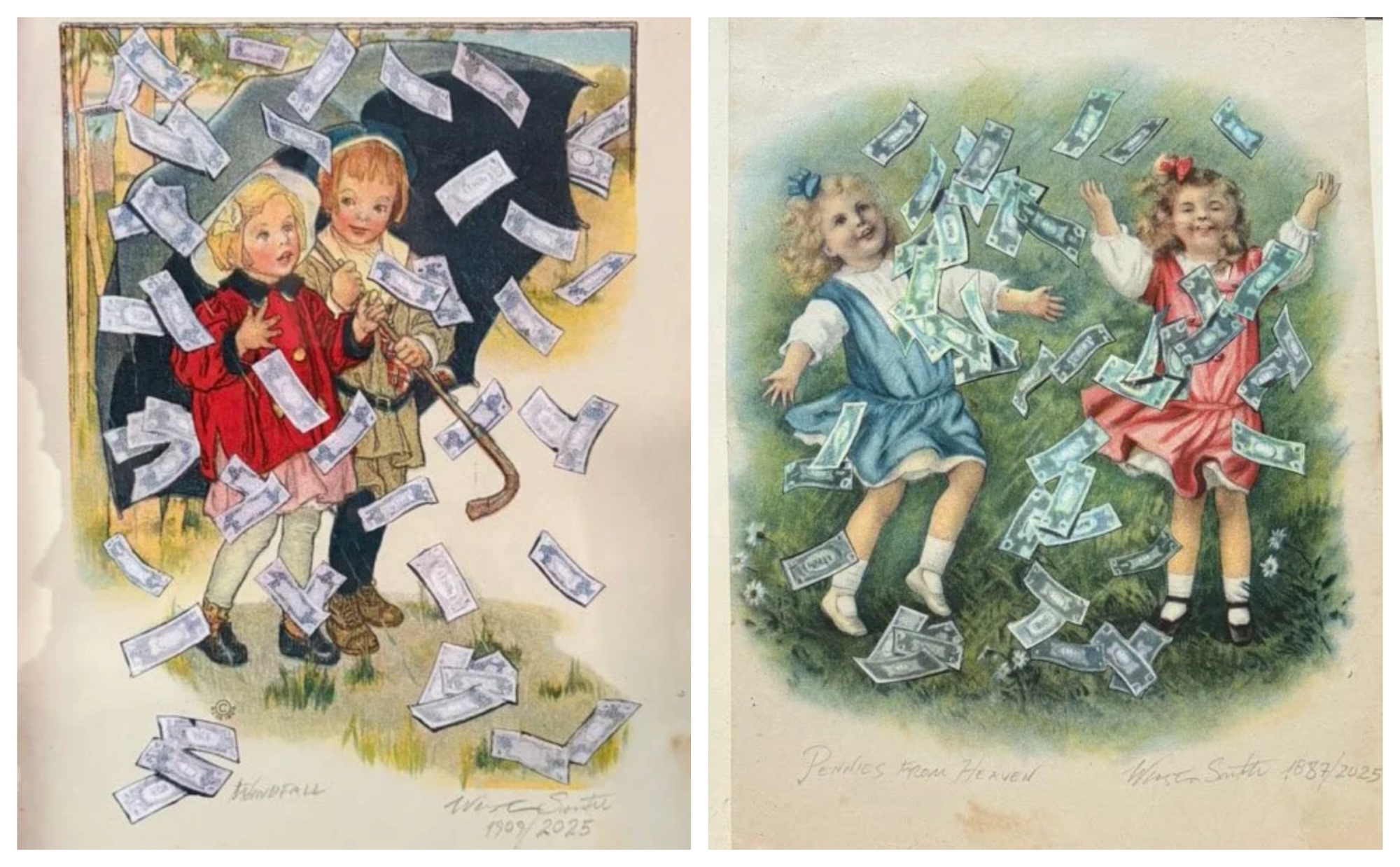 Two artworks, side-by-side, show pairs of children playing. The old-fashioned illustrations have been altered to include showers of dollar bills raining down on them.