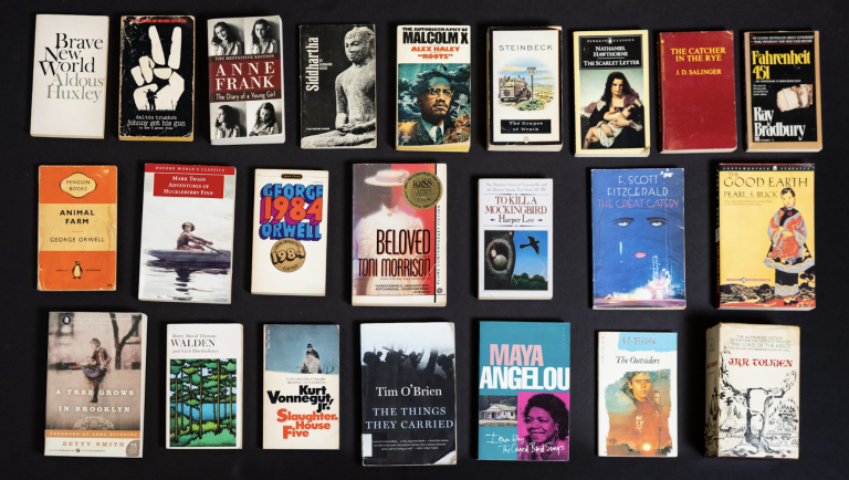 A plethora of classic book covers, gathered together on a black background in three rows.