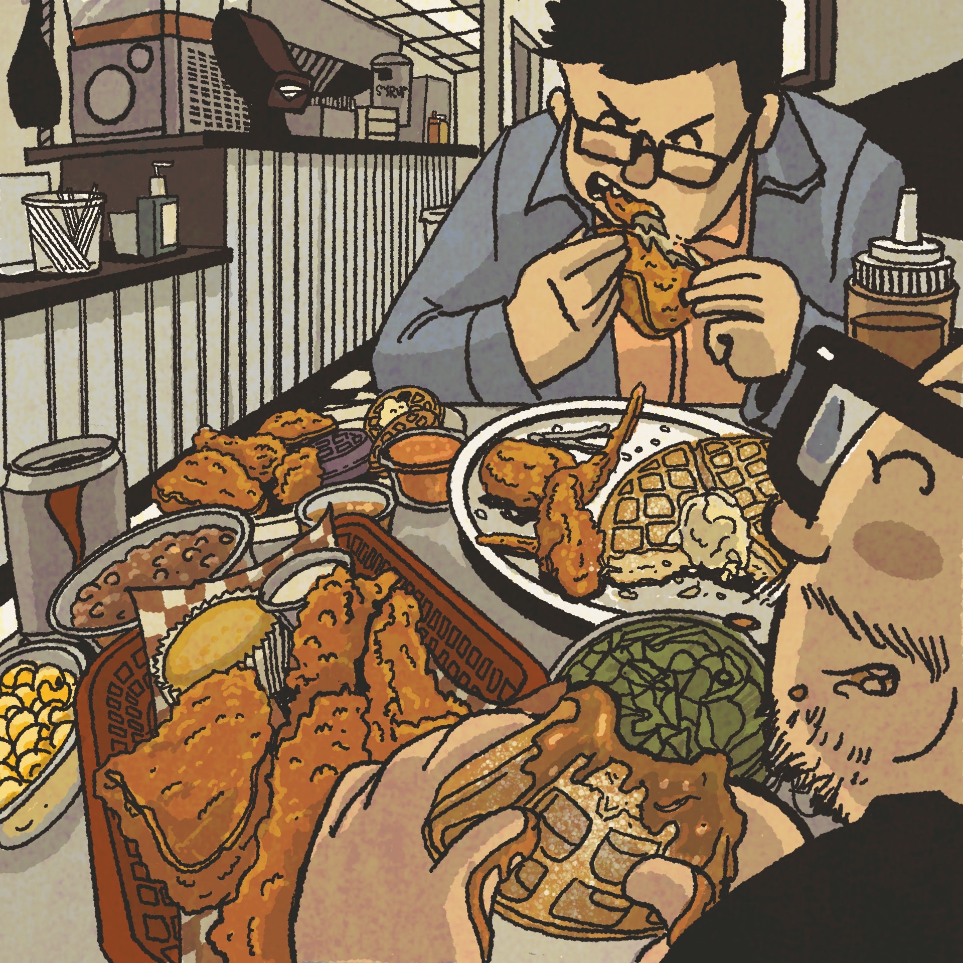 Illustration: two men devour fried chicken and waffles inside a restaurant.
